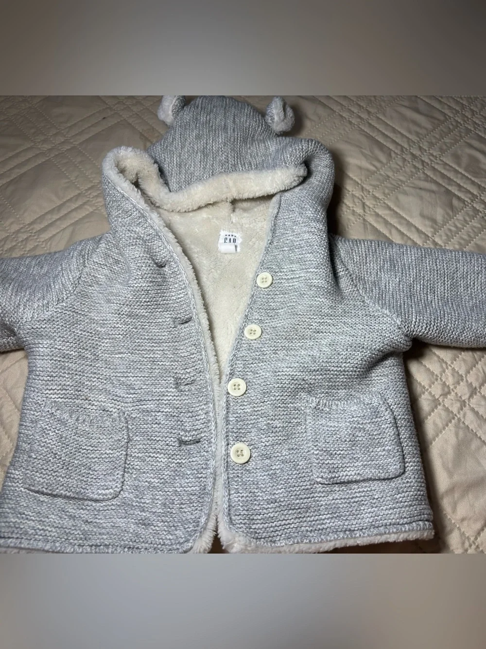 GAP 12-18M Light Gray Knit Hooded Jacket with Sherpa Lining